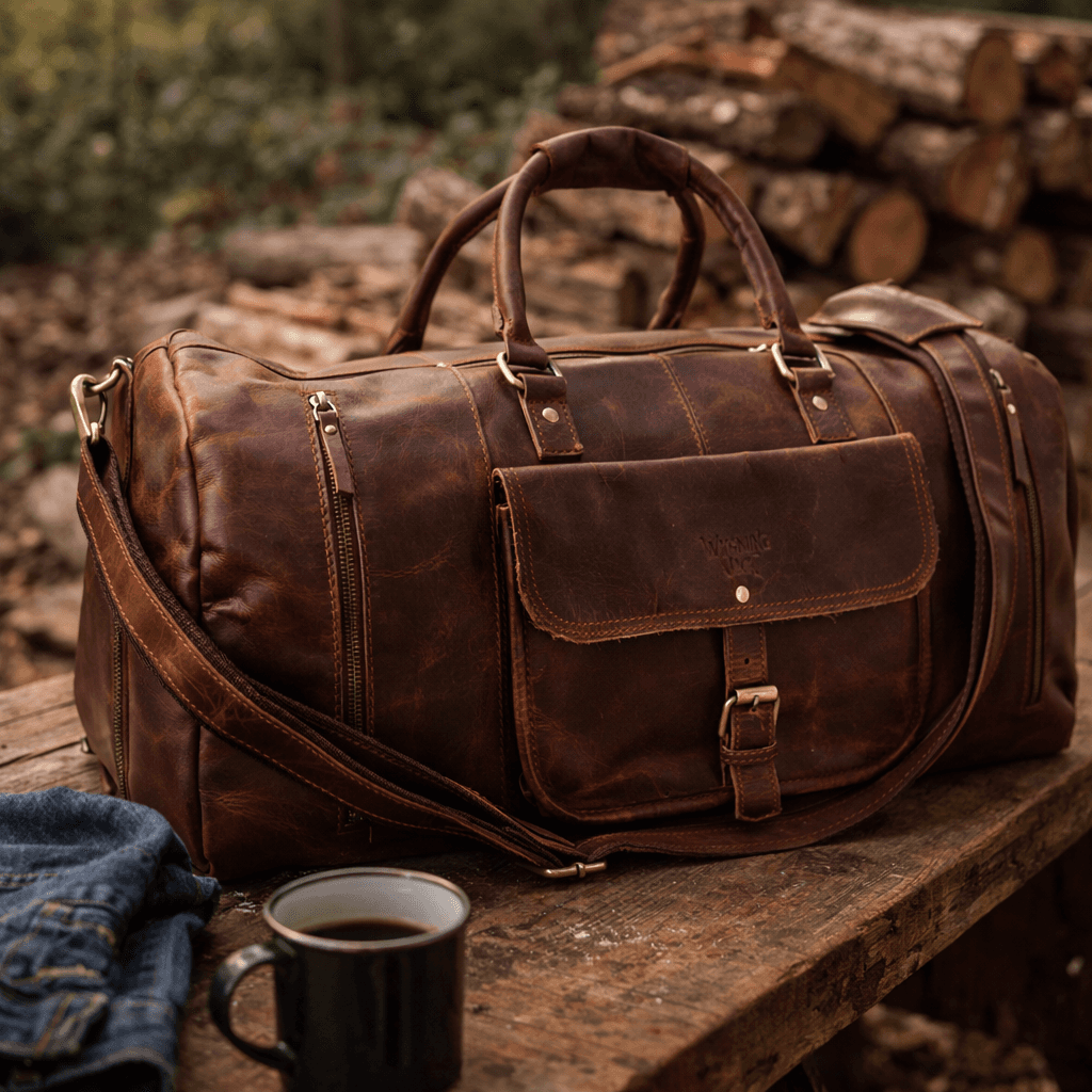Wyoming Jack Badlands Leather Duffle Bag with shoe compartment, rugged design, and sturdy handles for travel and storage.
