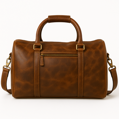 Wyoming Jack leather duffle bag with customizable personalization, featuring sturdy handles and spacious interior for travel and gym use.