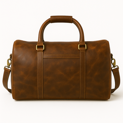 Wyoming Jack leather duffle bag with customizable personalized design, featuring sturdy handles and spacious interior for travel or gym use.