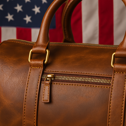 Wyoming Jack leather duffle bag with customizable personalization, featuring sturdy handles and spacious interior for travel and storage.