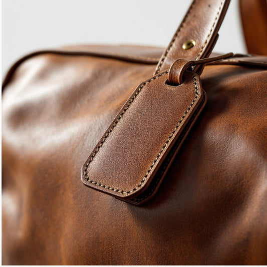 Close-up of the tag on a full-grain Leather Duffle Bag by Wyoming Jack showcasing its premium craftsmanship