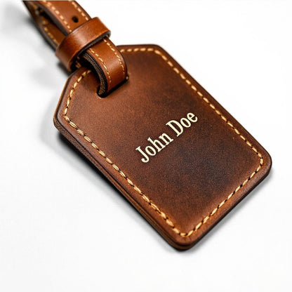 Personalized luggage tag on a full-grain Leather Duffle Bag by Wyoming Jack for travel enthusiasts