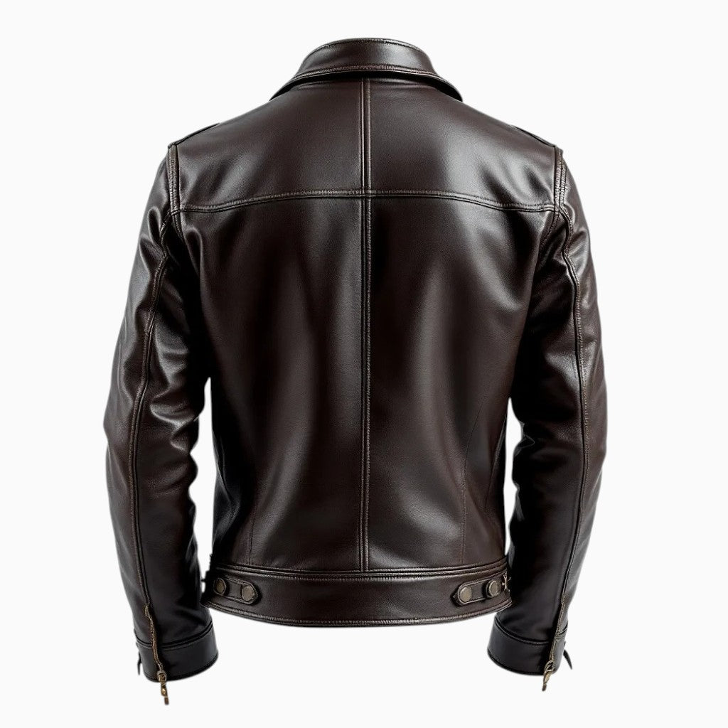 Back view of a full-grain leather jacket by Wyoming Jack with stylish detailing and fitted design