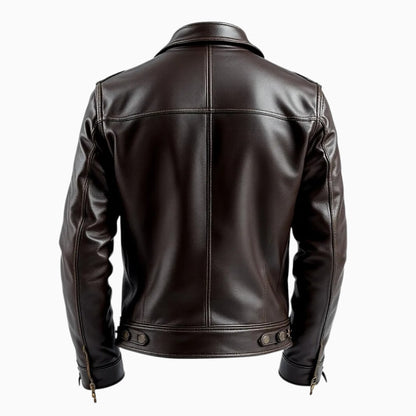 Back view of a full-grain leather jacket by Wyoming Jack with stylish detailing and fitted design