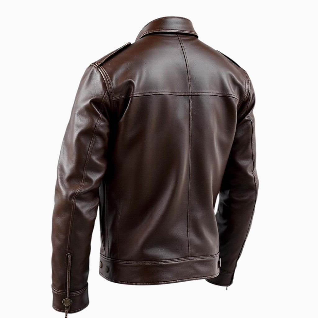 Stylish brown full-grain leather jacket by Wyoming Jack with classic back design and premium finish