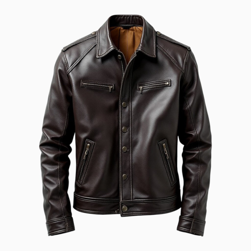 Stylish full-grain leather jacket by Wyoming Jack with multiple pockets and a classic design