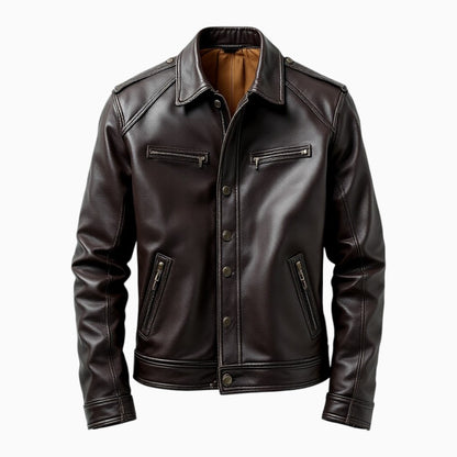 Stylish full-grain leather jacket by Wyoming Jack with multiple pockets and a classic design