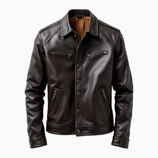 Stylish full-grain leather jacket by Wyoming Jack with multiple pockets and a classic design