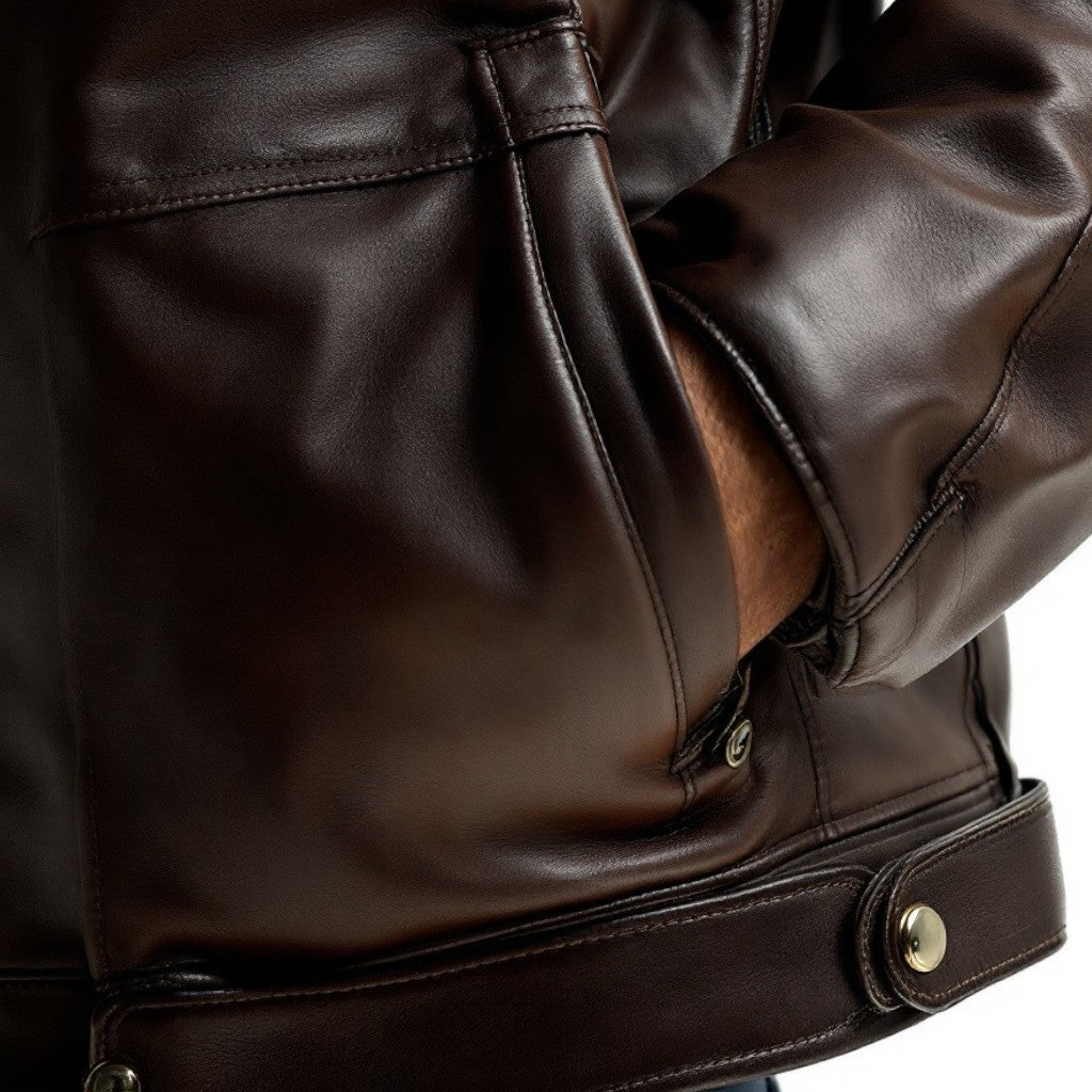 Close-up of the sleeve detailing on a full-grain leather jacket by Wyoming Jack