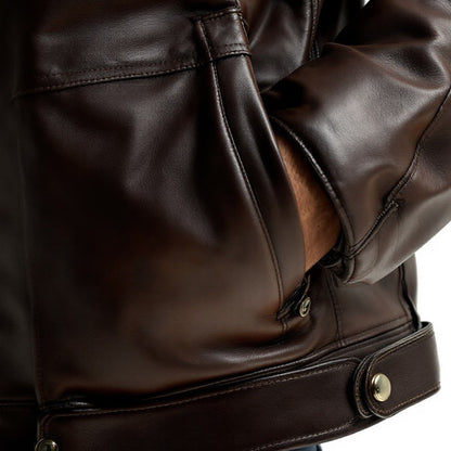 Close-up of the sleeve detailing on a full-grain leather jacket by Wyoming Jack