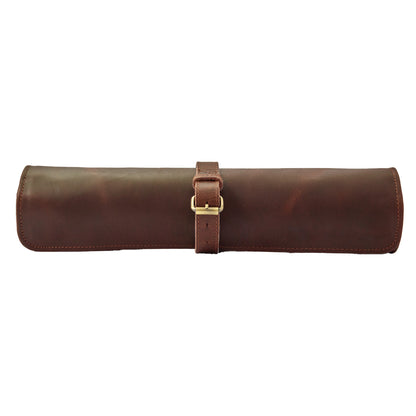 Wyoming Jack CrossCut Leather Knife Roll for Chefs with zipper pocket, featuring durable leather and organized knife storage.