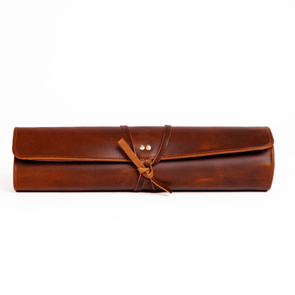 Wyoming Jack CrossCut Leather Knife Roll Wrap for Chefs, compact leather knife roll with multiple slots for professional kitchen knives.