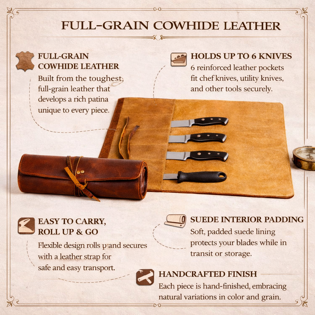 Wyoming Jack CrossCut Leather Knife Roll for chefs, showing multiple knife slots and durable leather material.