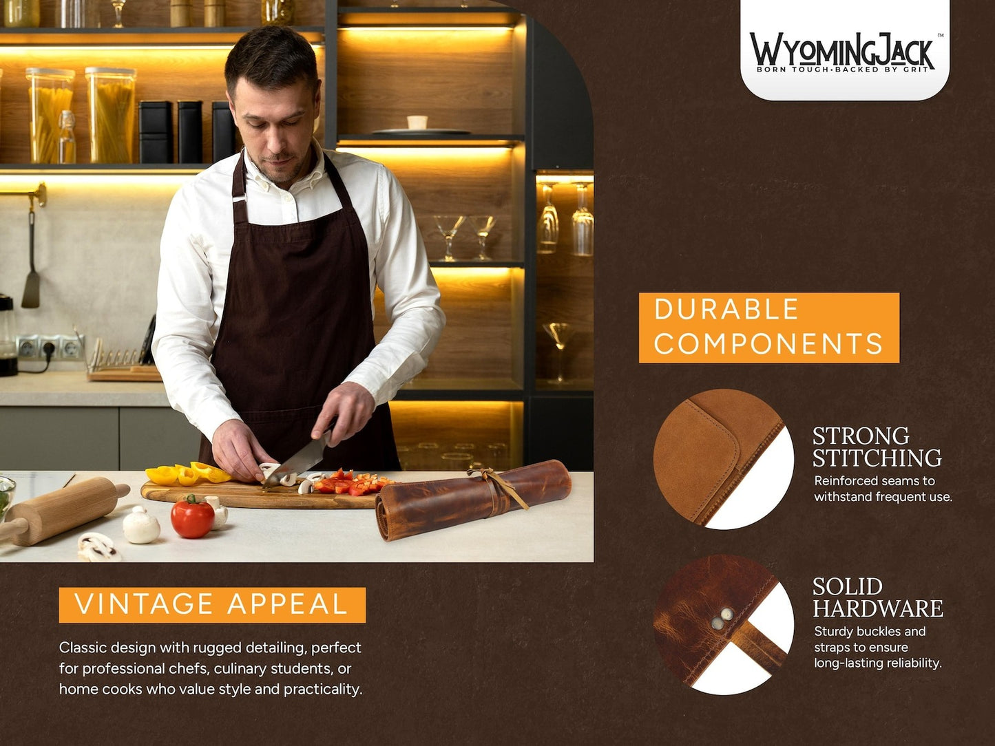 Wyoming Jack leather knife roll with six slots, personalized and customized for storing and transporting chef knives.