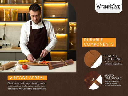 Wyoming Jack leather knife roll with six slots, personalized and customized for storing and transporting chef knives.