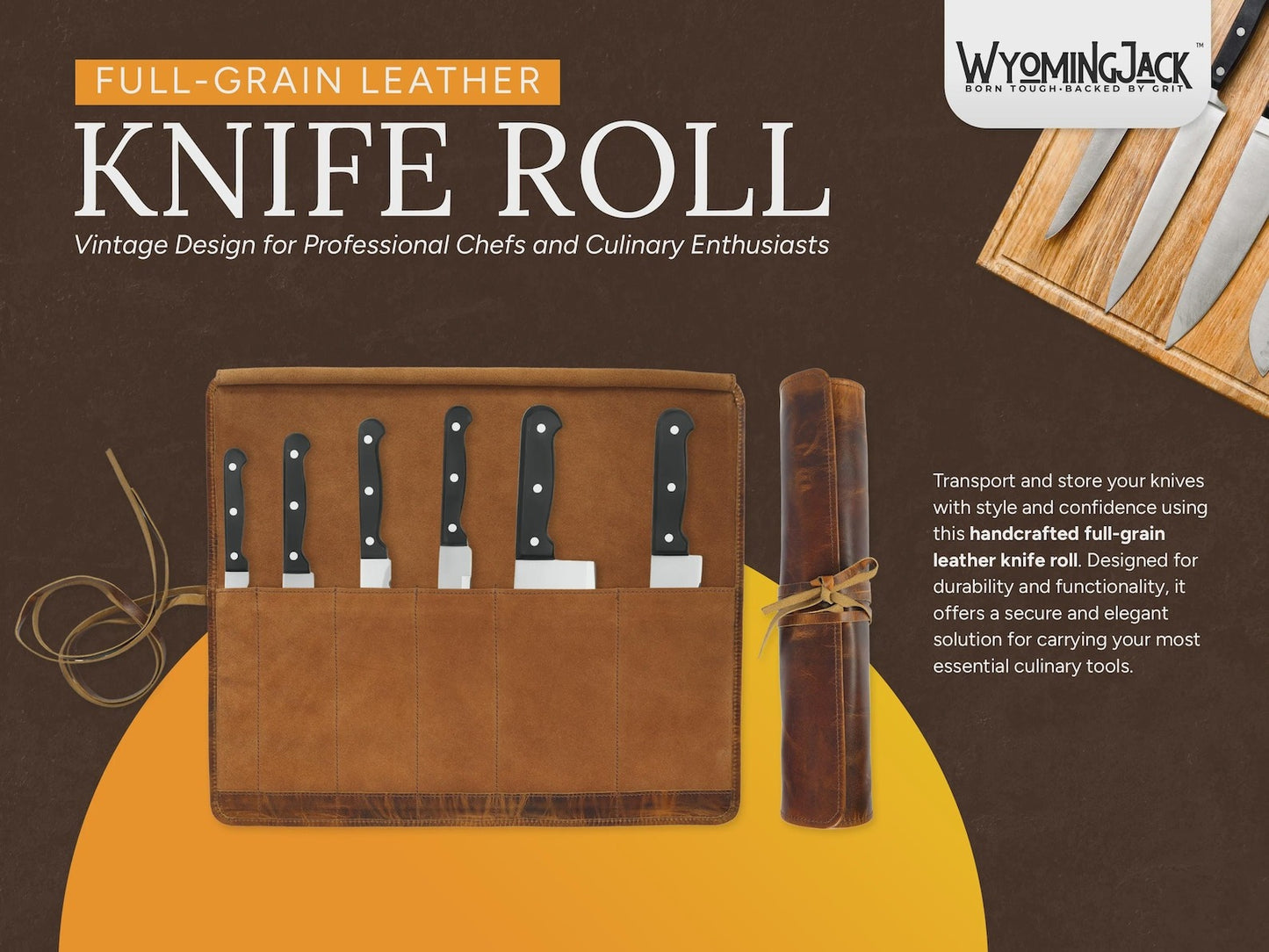 Wyoming Jack leather knife roll for six knives, personalized and customizable, featuring secure compartments and premium craftsmanship.