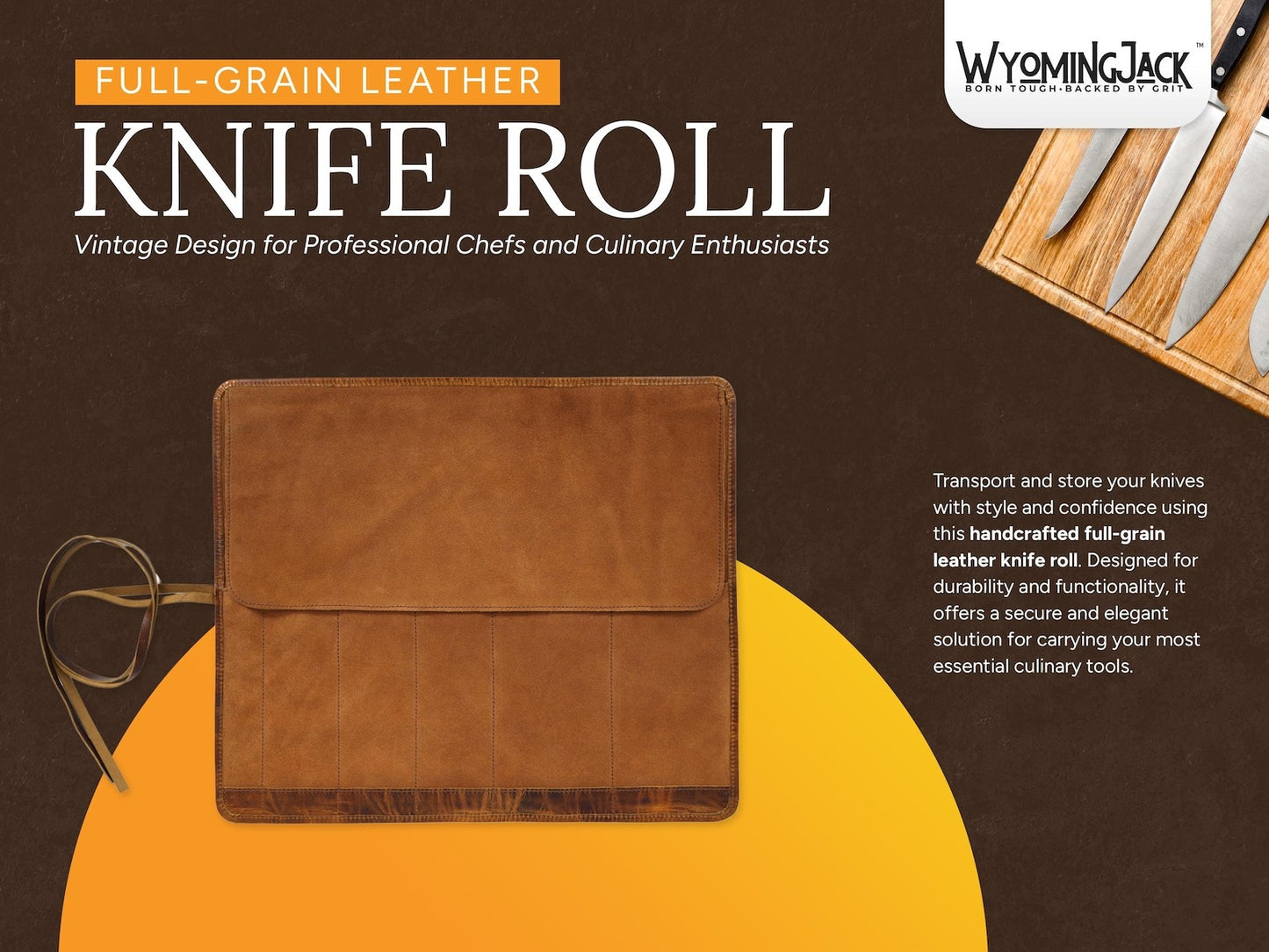 Wyoming Jack leather knife roll with six slots, personalized for carrying and storing chef or hunting knives.