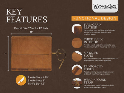 Wyoming Jack leather knife roll for 6 knives, personalized and custom, with multiple compartments and secure closures.