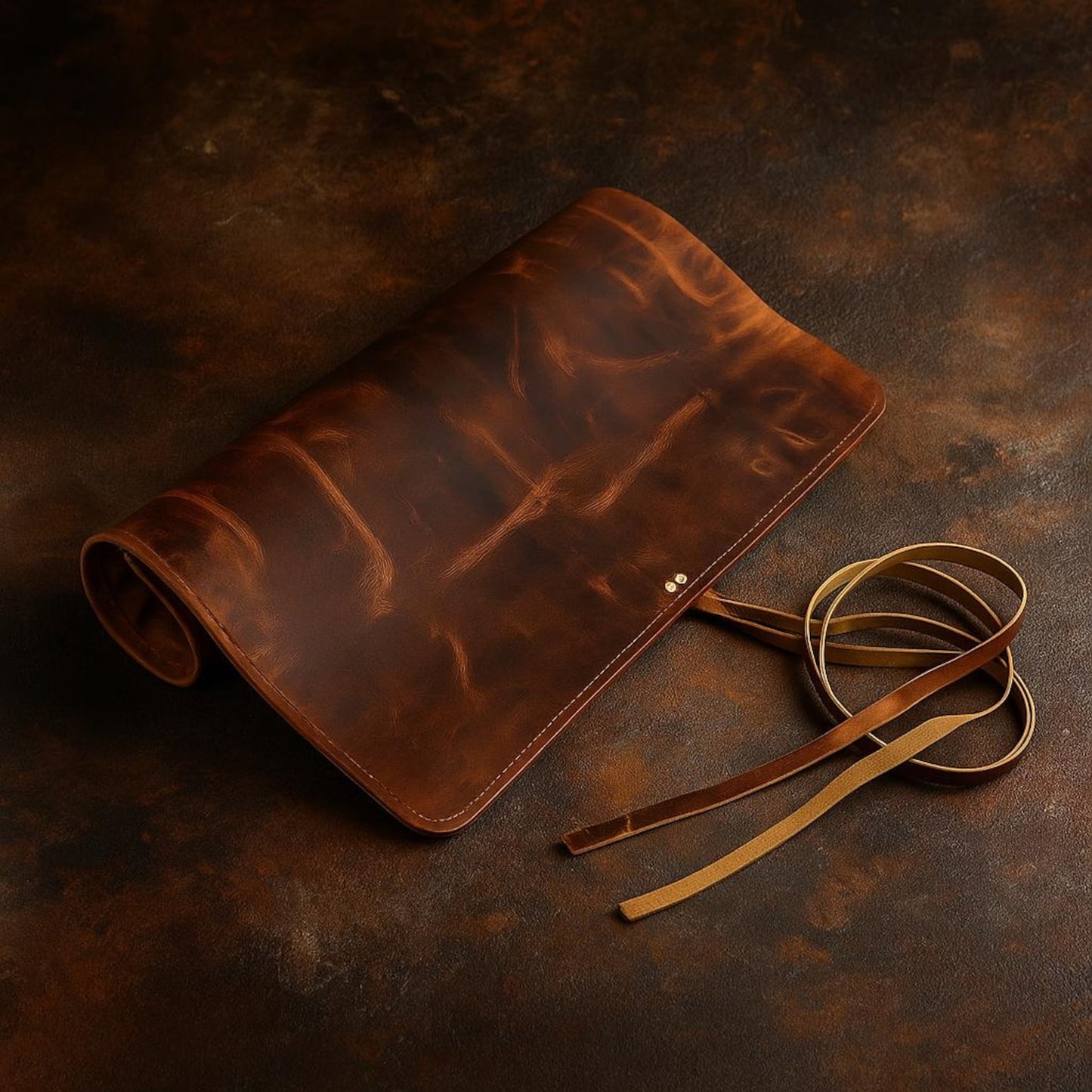 Wyoming Jack leather knife roll with custom personalization, holding six knives for safe storage and easy transport.