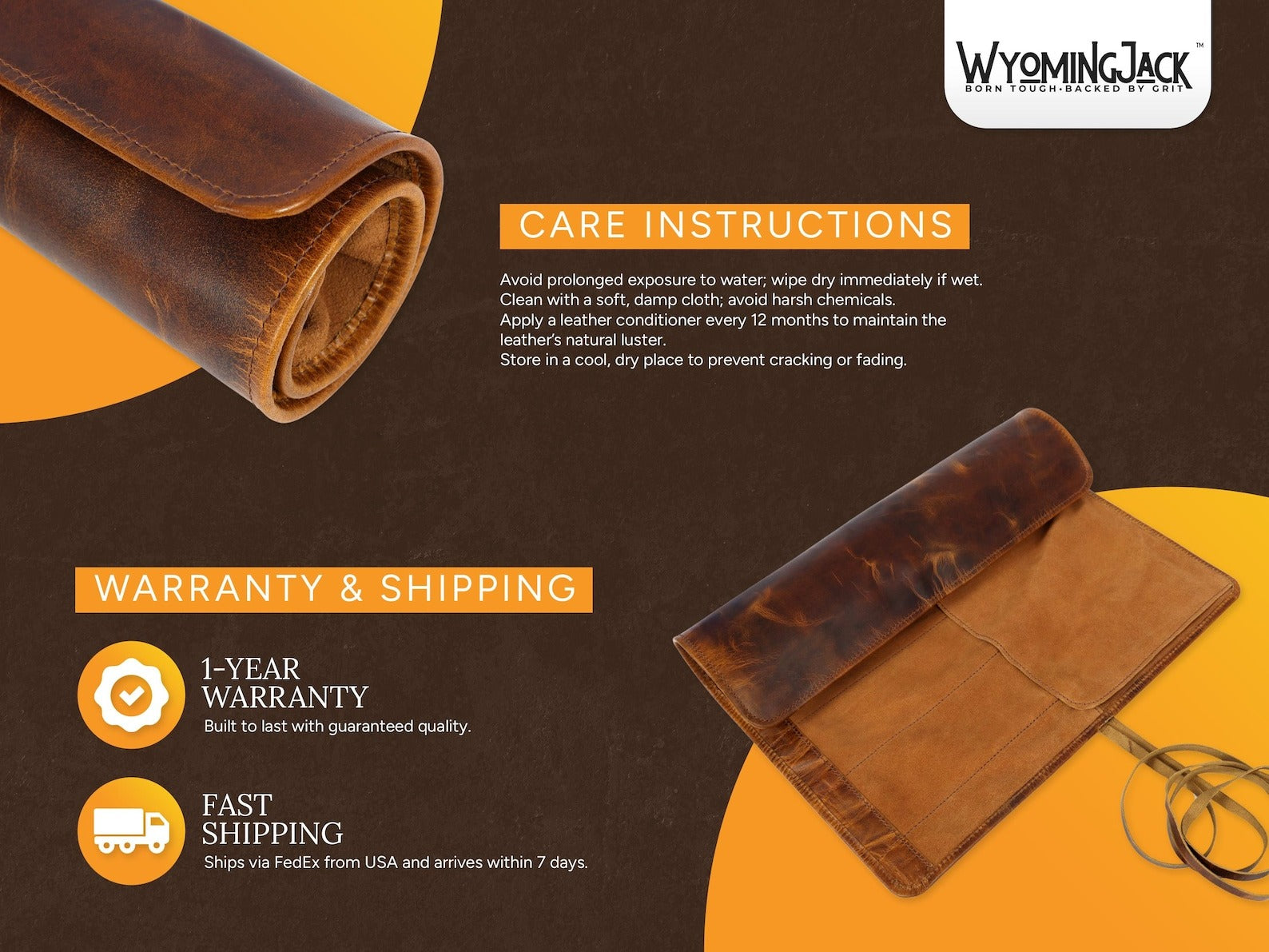 Wyoming Jack leather knife roll with six compartments, custom personalized design for storing and transporting kitchen or outdoor knives.