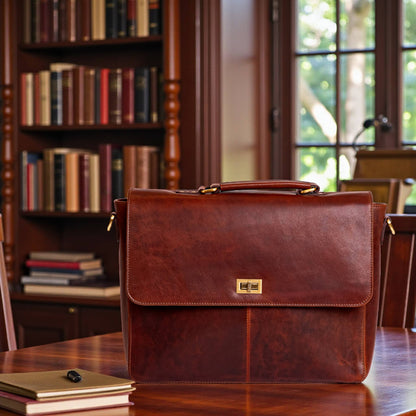 Wyoming Jack Frontier leather messenger bag for professionals, featuring a sturdy design with a front flap and adjustable shoulder strap.