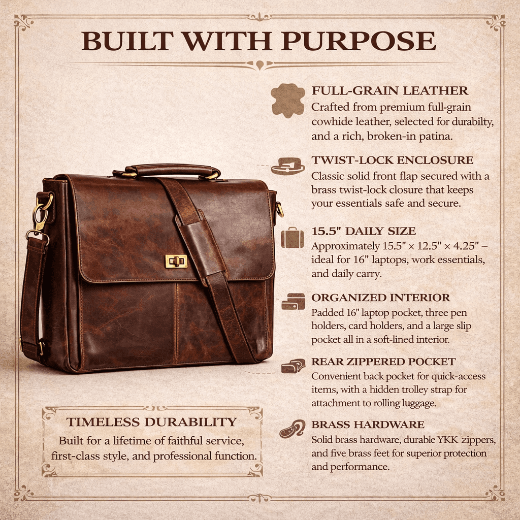 Wyoming Jack Frontier leather messenger bag for professionals, featuring a sleek design with adjustable strap and multiple compartments.