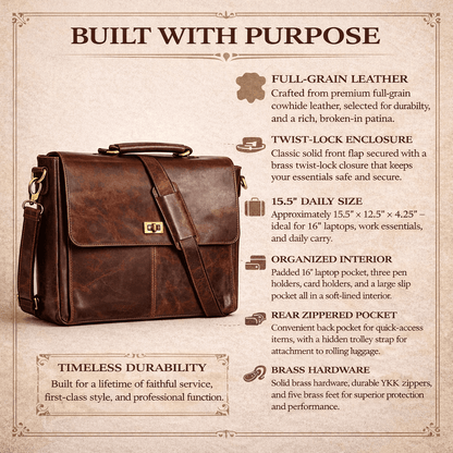Wyoming Jack Frontier leather messenger bag for professionals, featuring a sleek design with adjustable strap and multiple compartments.