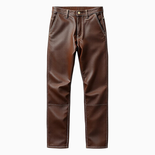 Custom Wyoming Jack leather pants, tailored fit with personalized details, shown in a close-up of the stylish pants.