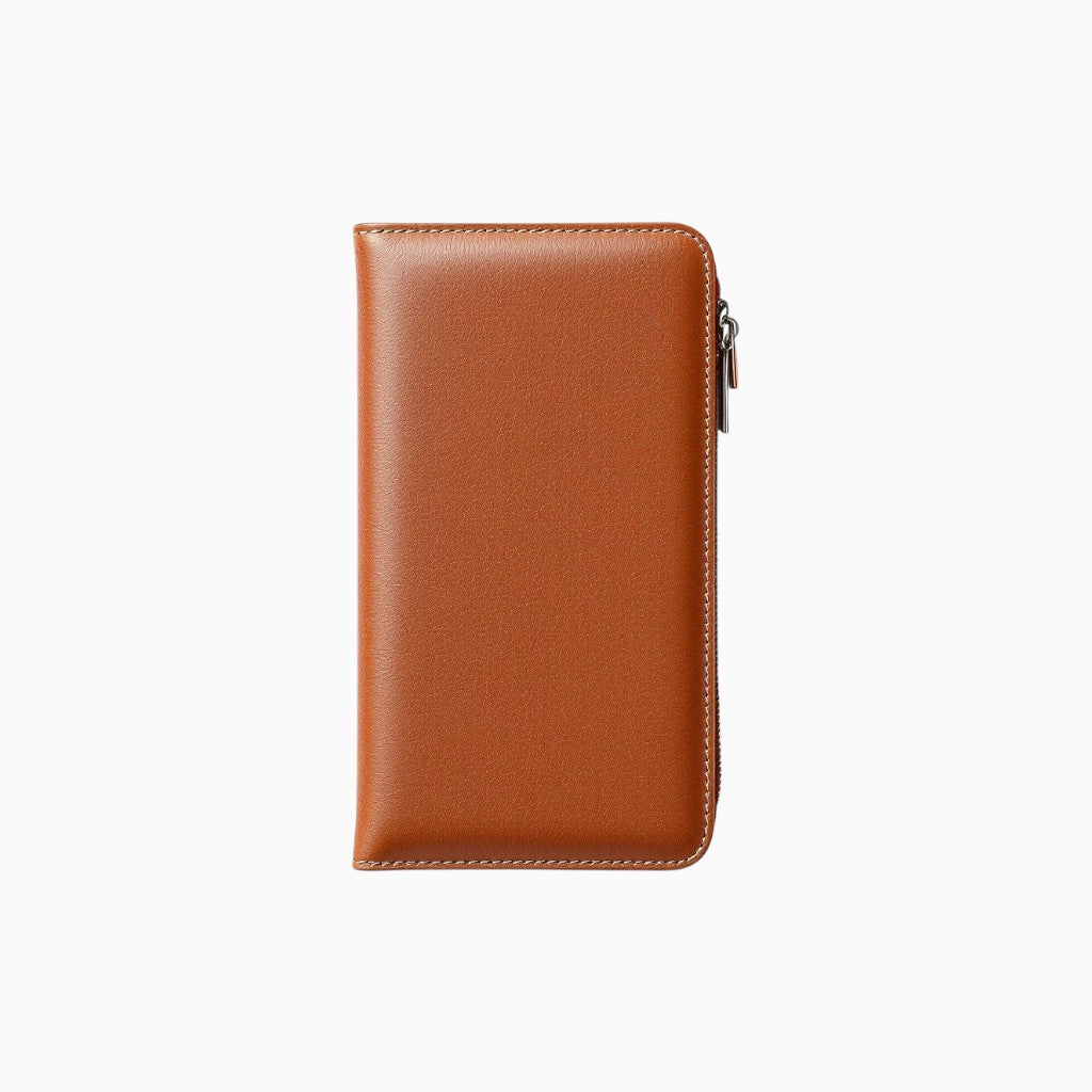 Wyoming Jack leather phone wallet with personalized customization, featuring multiple card slots and a sleek design.