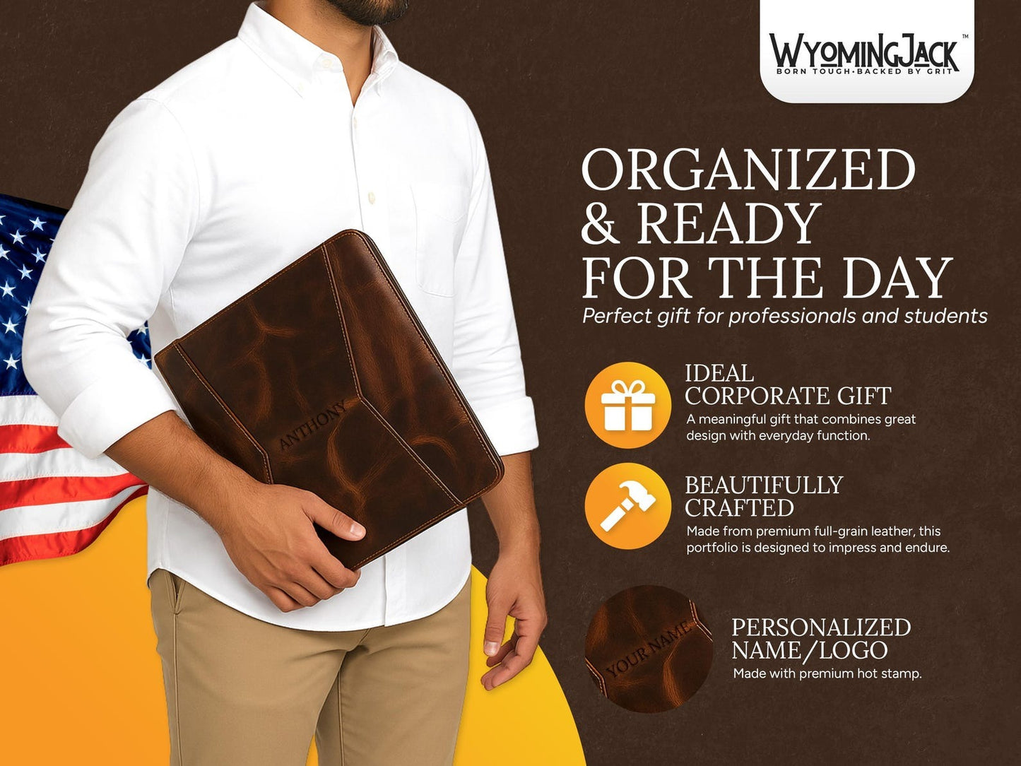 Wyoming Jack leather portfolio and padfolio with customizable personalized design, featuring a professional brown leather finish.
