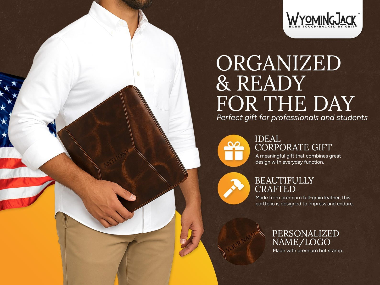 Wyoming Jack leather portfolio and padfolio with customizable personalized design, featuring a professional brown leather finish.