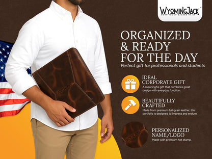 Wyoming Jack leather portfolio and padfolio with customizable personalized design, featuring a professional brown leather finish.