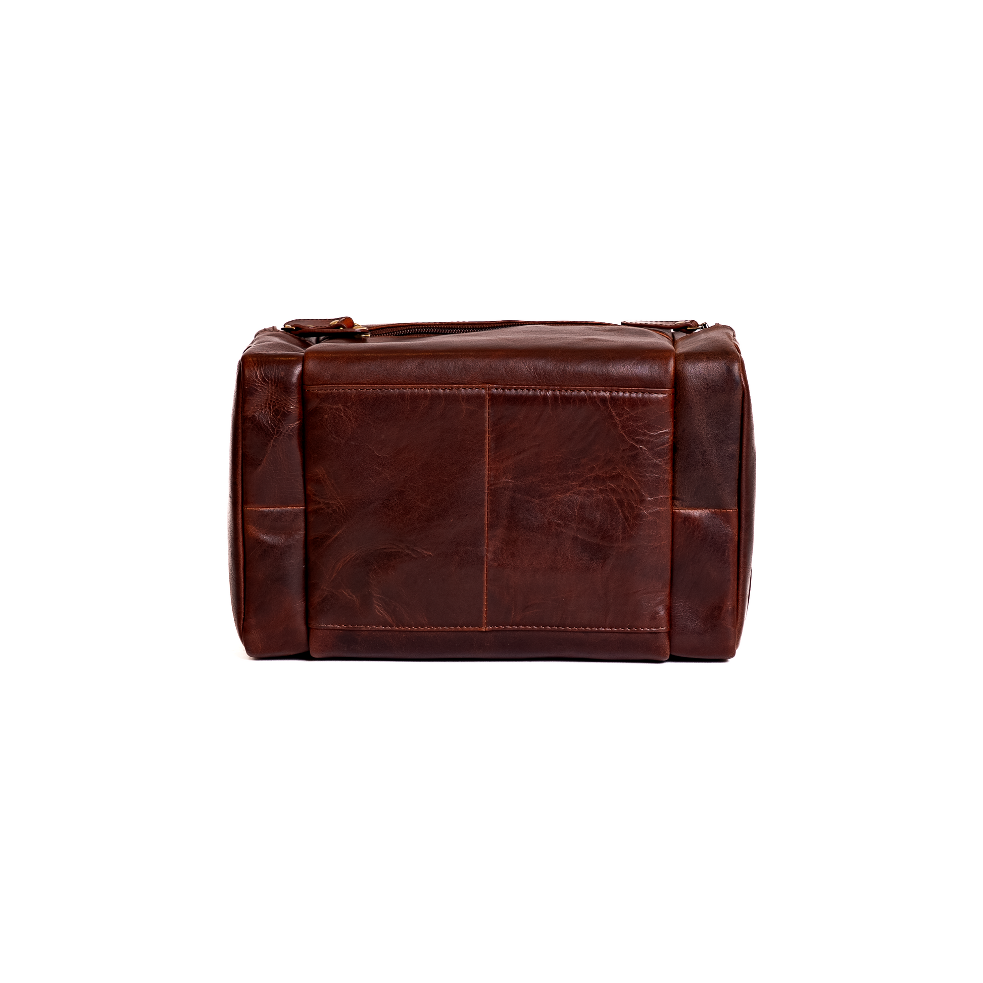 Wyoming Jack Frontier leather toiletry bag for travel, showing front view with zipper and leather handle detail.