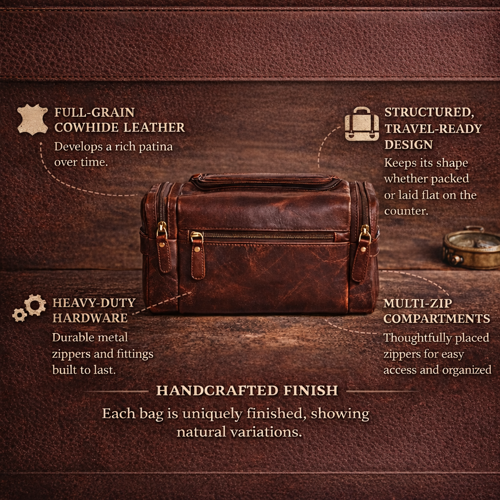 Wyoming Jack Frontier leather toiletry bag for travel, featuring a sleek brown leather design with zipper closure and compact size.