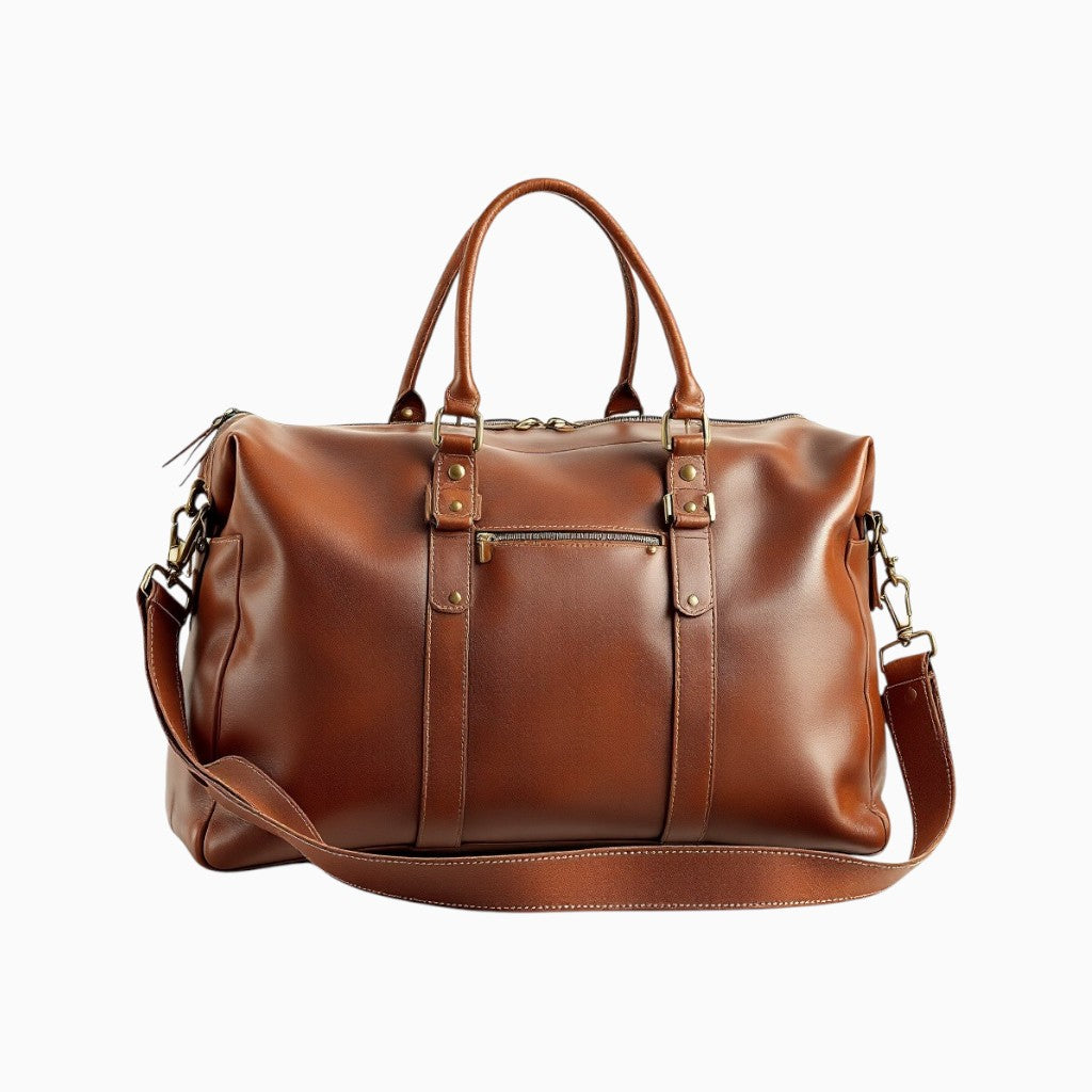 Wyoming Jack leather travel bag with personalized customization, featuring sturdy handles and spacious design for travel essentials.