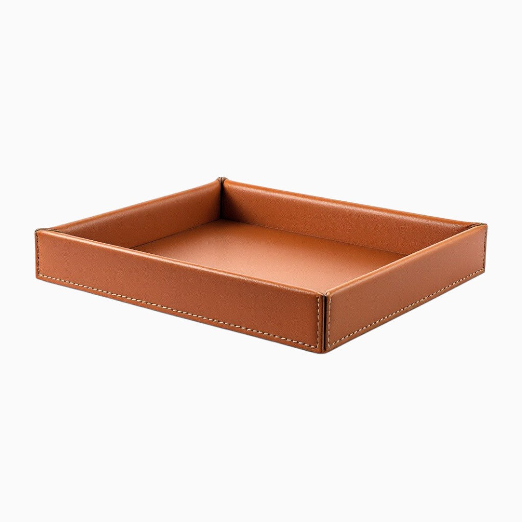 Custom leather tray by Wyoming Jack, featuring personalized design and natural leather texture for stylish organization.